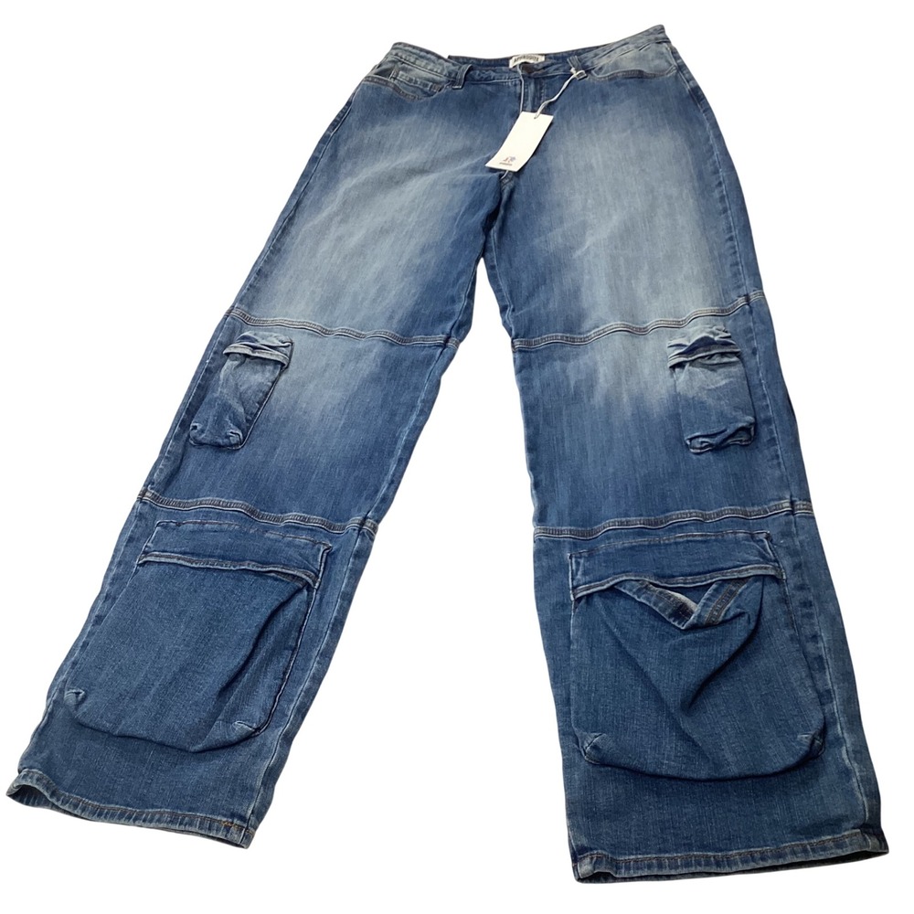 APHRODITE Women's Blue Denim Cargo Jeans Style 7 28 Utility Relaxed NWT